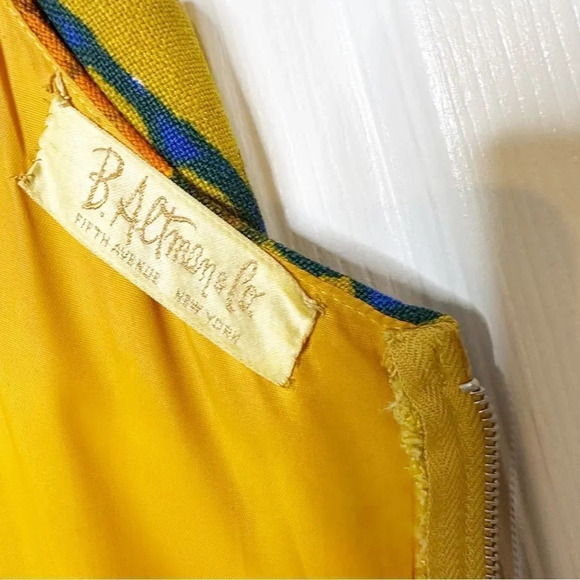 Vtg B. Altman & Co. 50s/60s Sheath Midi Dress Mustard Yellow Floral Boat Neck - Picture 5 of 7